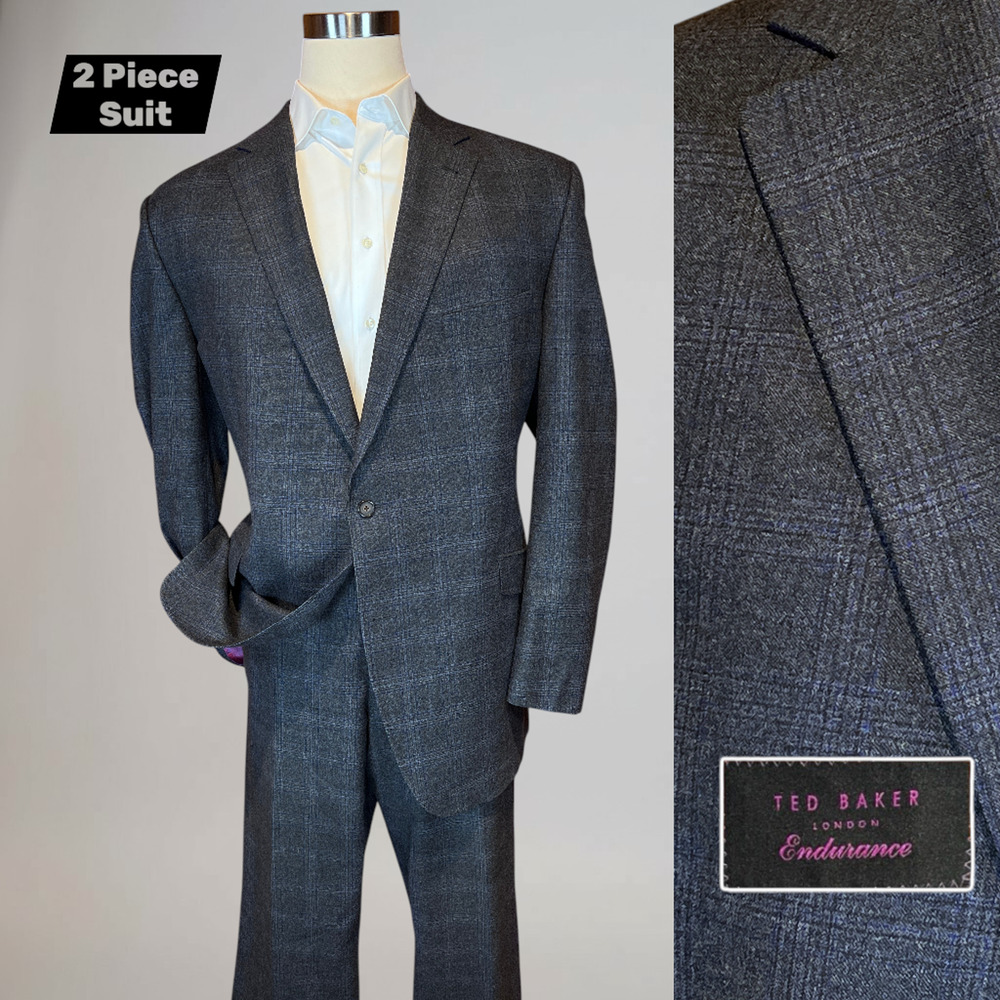 Ted Baker Mens 50XL 42x31 Charcoal Gray Purple Plaid Flannel Designer Suit